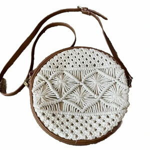 Linen Braids & Faux Leather Round Crossbody Bag Purse Clutch White Brown